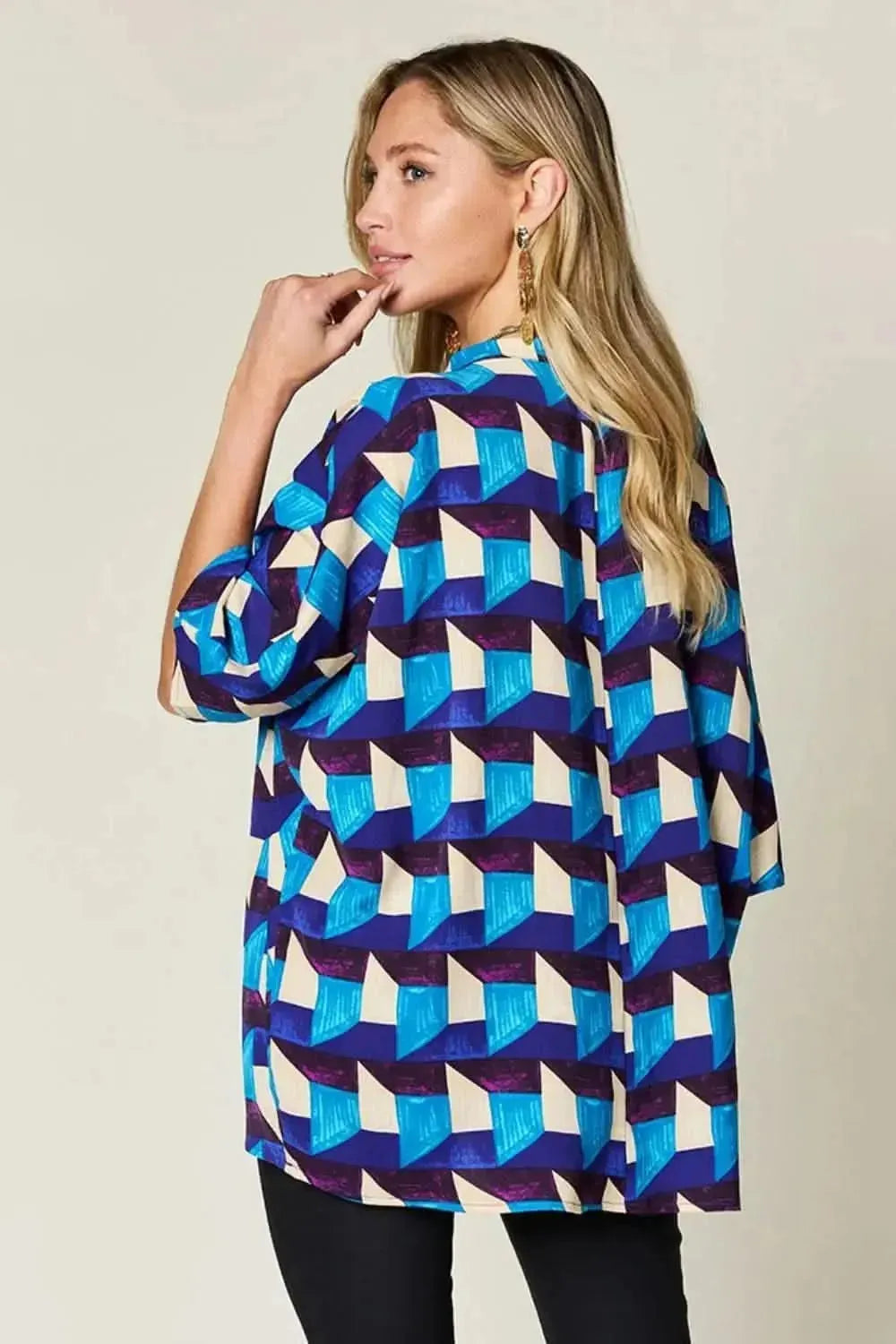 Double Take Full Size Geometric Notched Half Sleeve Blouse - Bad Moms Club