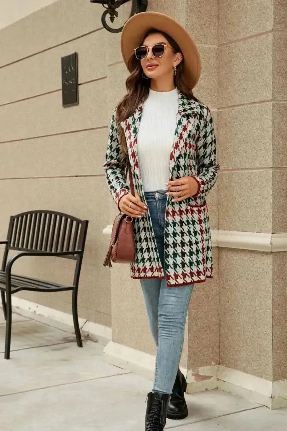 Printed Open Front Lapel Collar Cardigan with Pockets - Bad Moms Club