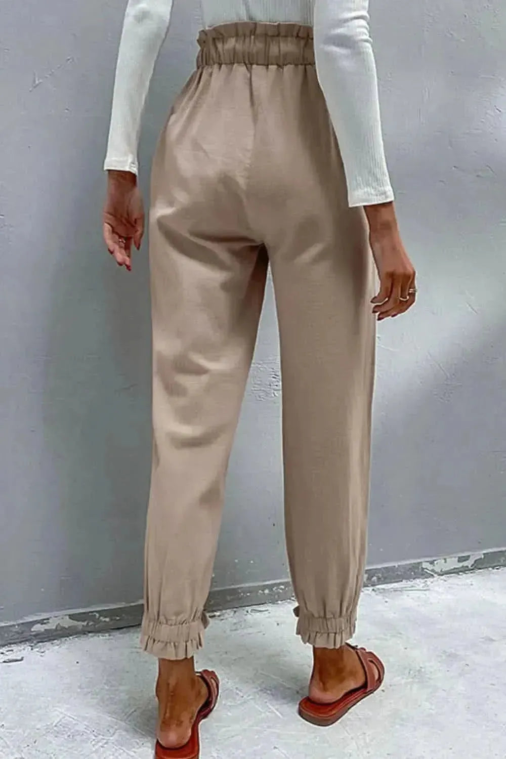 Perfee Drawstring Paperbag Waist Button Detail Pants - Bad Moms Club