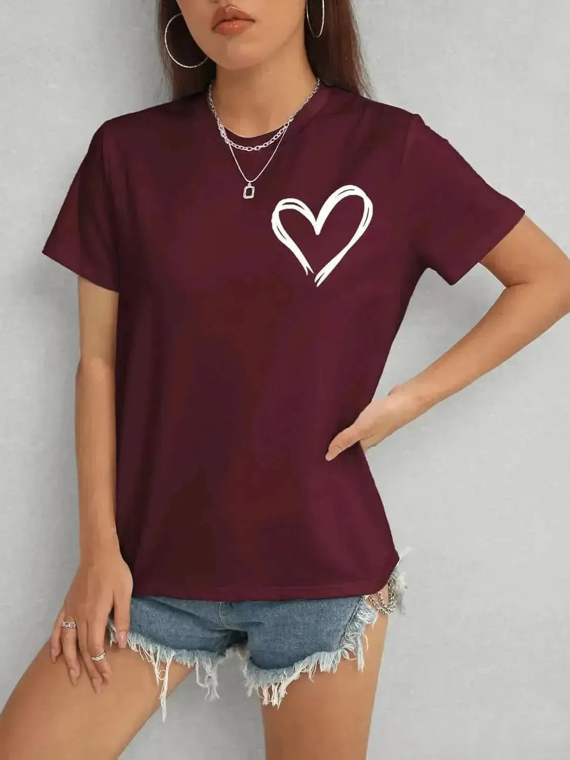 Heart Round Neck Short Sleeve T-Shirt - Bad Moms Club
