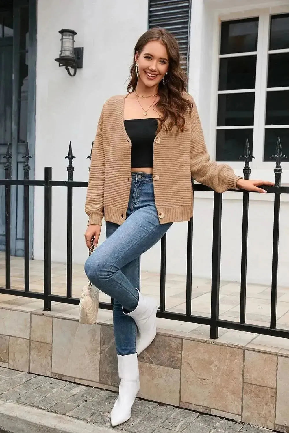 Horizontal Ribbing Button Down Cardigan - Bad Moms Club