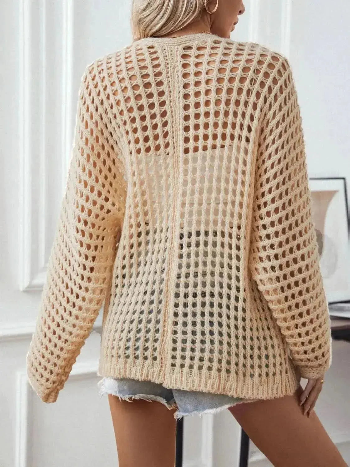 Openwork Open Front Long Sleeve Cardigan - Bad Moms Club