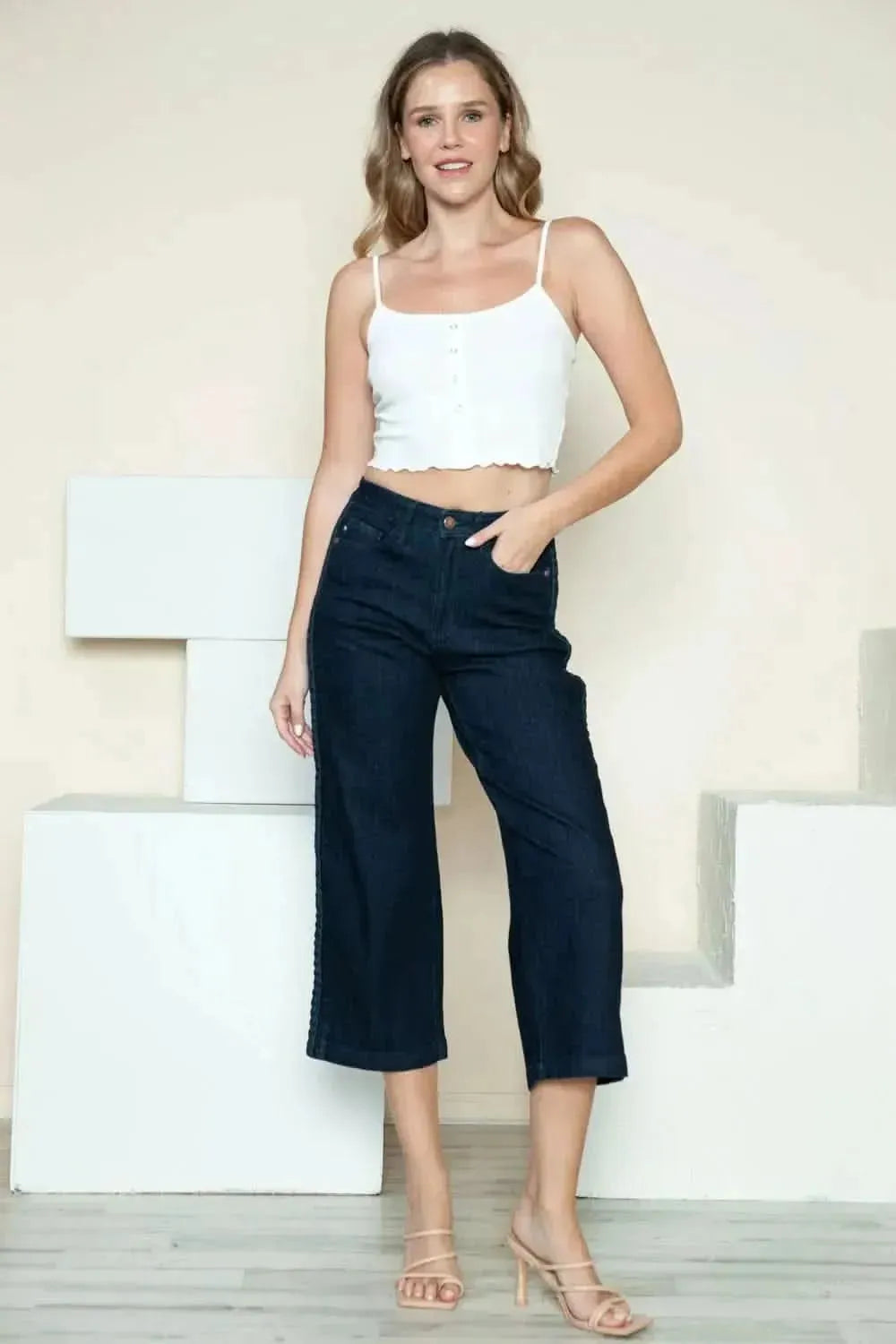 Judy Blue Full Size Side Seam Braid Detail Crop Wide Leg Jeans - Bad Moms Club
