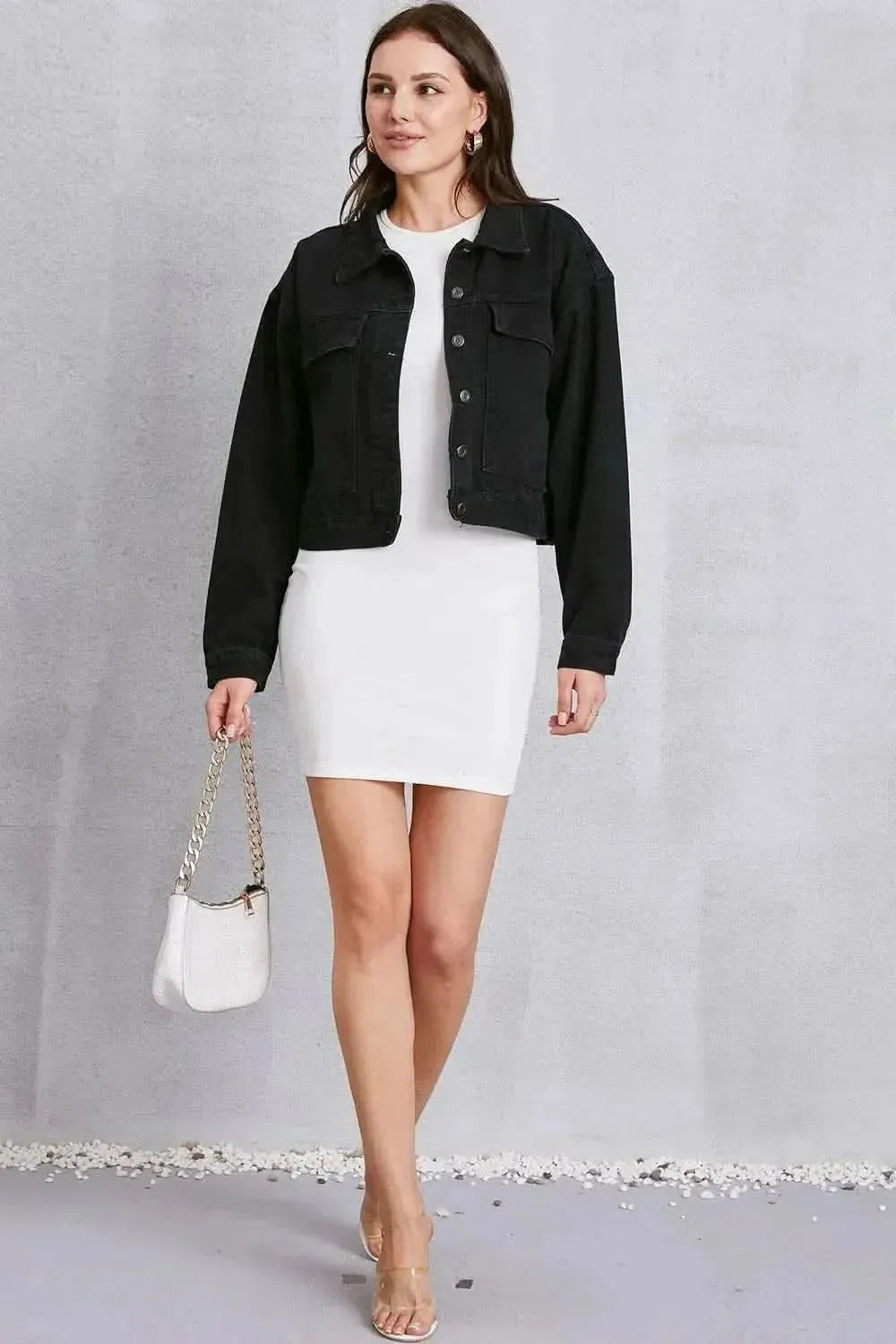 Button Up Dropped Shoulder Denim Jacket - Bad Moms Club