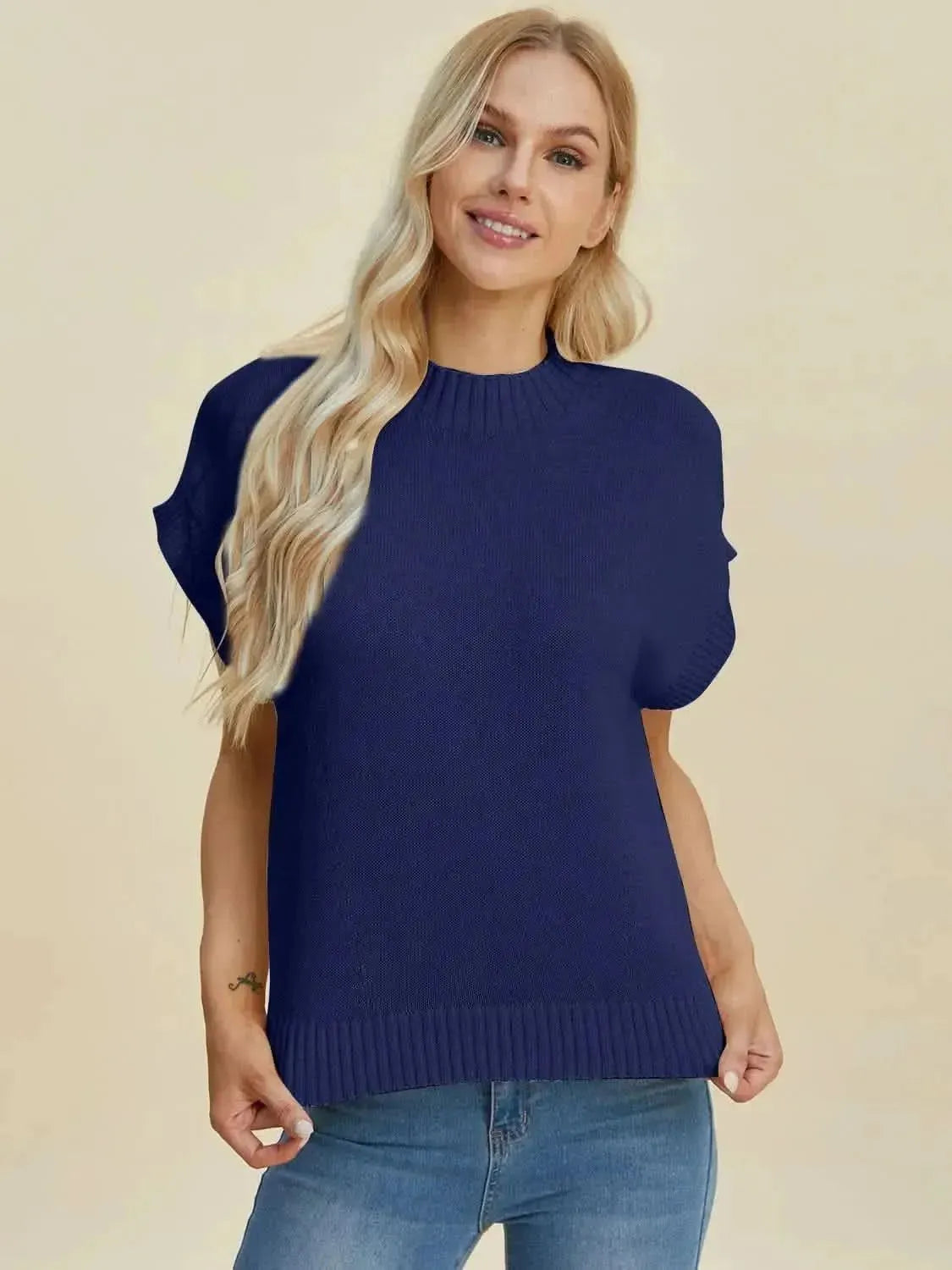 Double Take Full Size Mock Neck Short Sleeve Sweater - Bad Moms Club