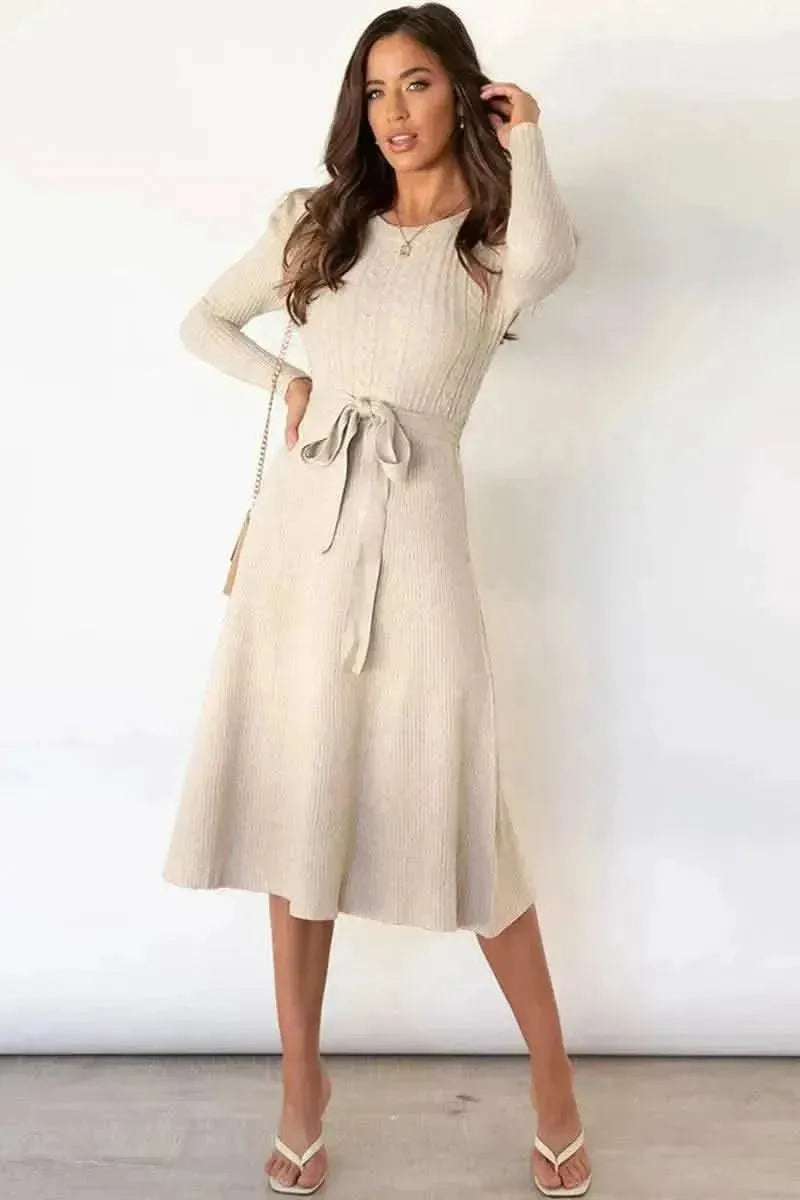 Round Neck Long Sleeve Tie Waist Sweater Dress - Bad Moms Club