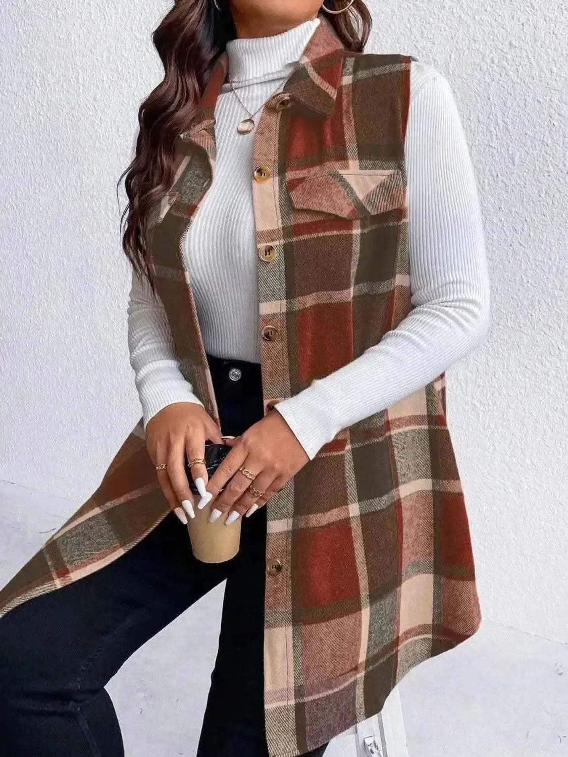 Honey Plus Size Pocketed Plaid Button Up Vest Coat - Bad Moms Club