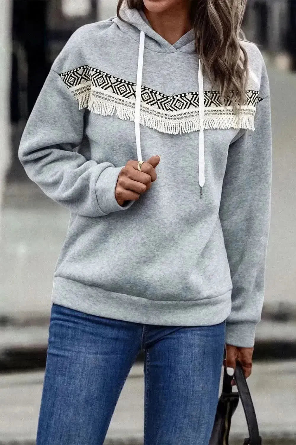 Contrast Fringe Detail Dropped Shoulder Hoodie - Bad Moms Club