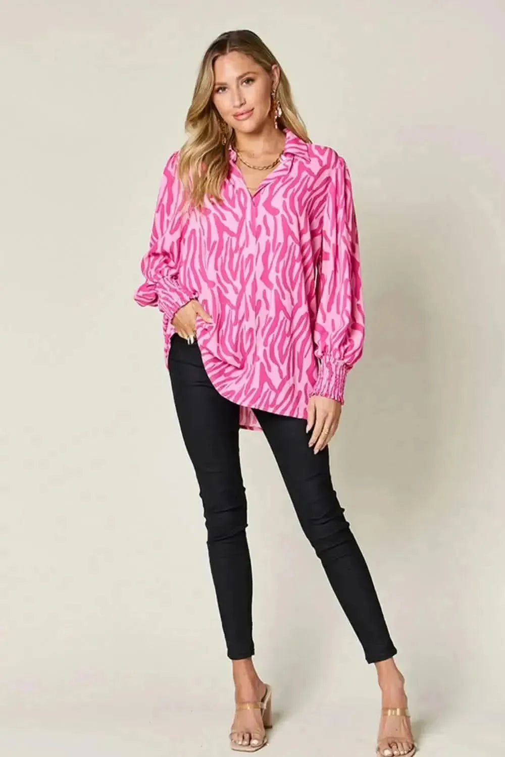 Double Take Full Size Printed Smocked Long Sleeve Blouse - Bad Moms Club