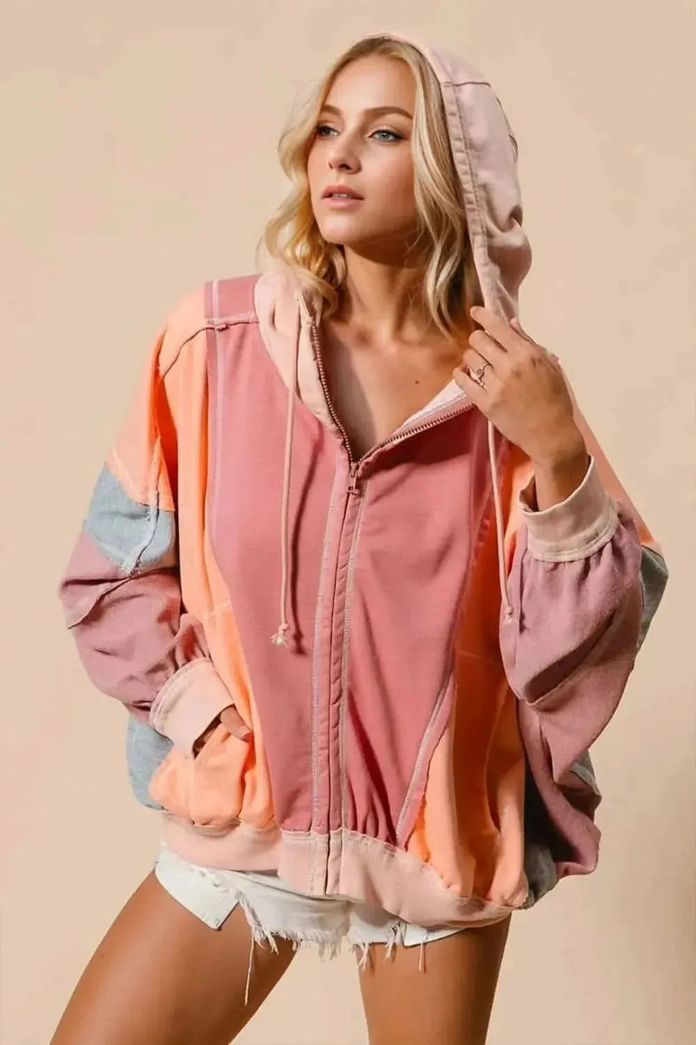 Double Take Full Size Color Block Zip Up Hoodie - Bad Moms Club