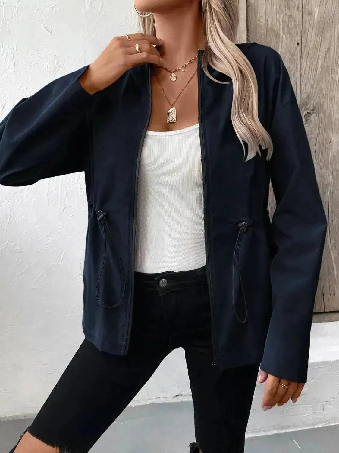 Drawstring Zip Up Hooded Jacket - Bad Moms Club