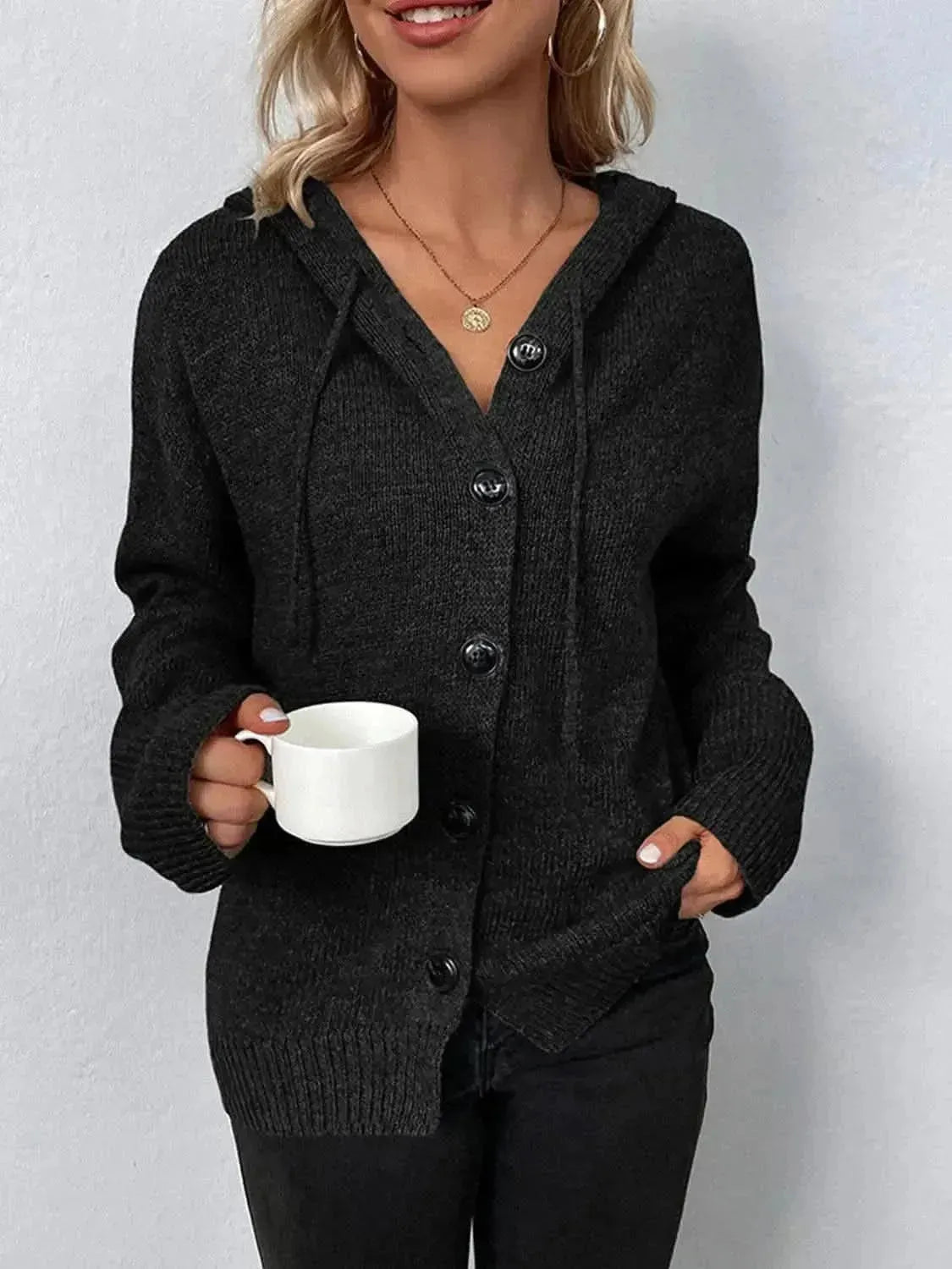 Drawstring Button Up Hooded Cardigan - Bad Moms Club