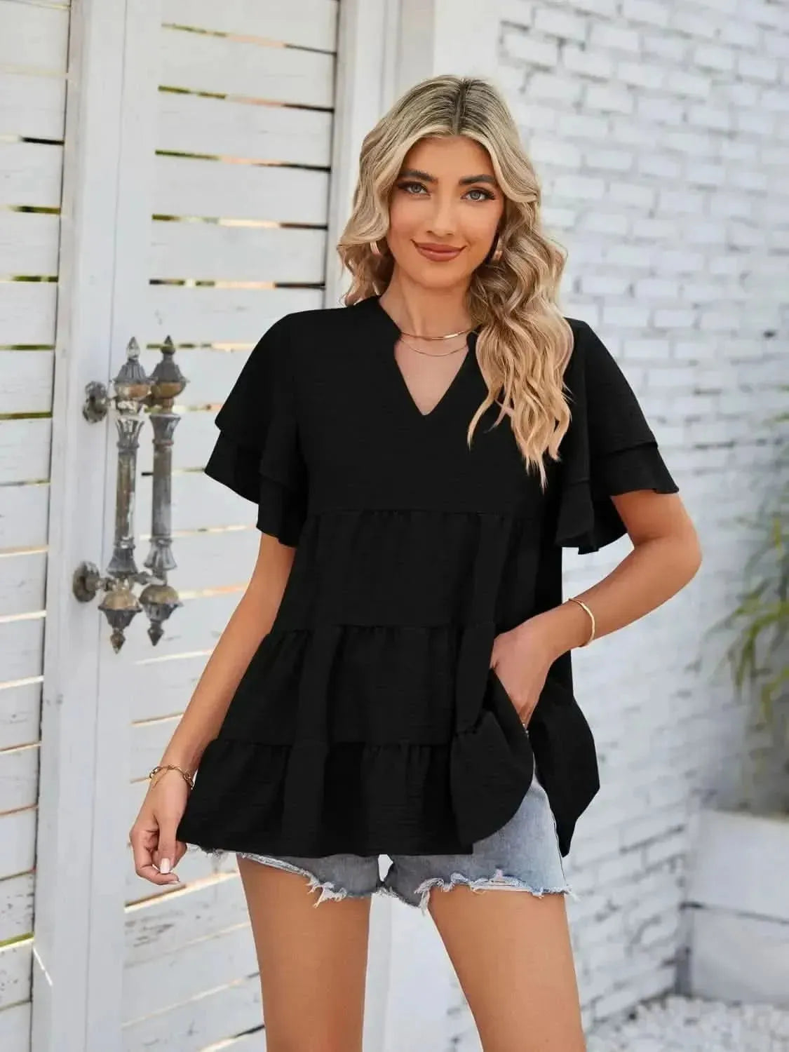 Tiered Notched Short Sleeve Blouse - Bad Moms Club