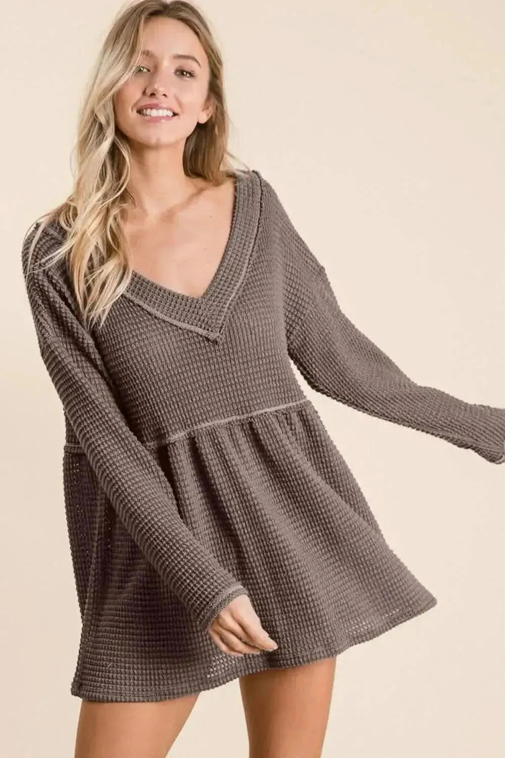 BiBi Waffle Knit V-Neck Babydoll Blouse - Bad Moms Club