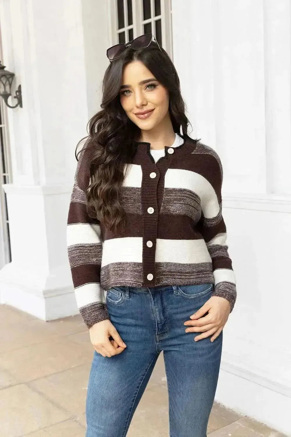 Striped Button Up Long Sleeve Cardigan - Bad Moms Club