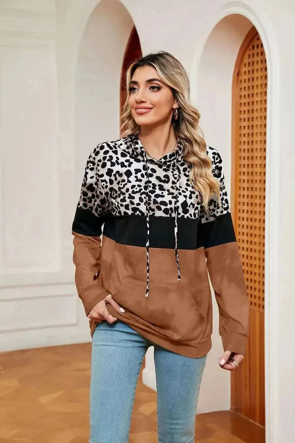 Leopard Drawstring Hoodie with Pocket - Bad Moms Club