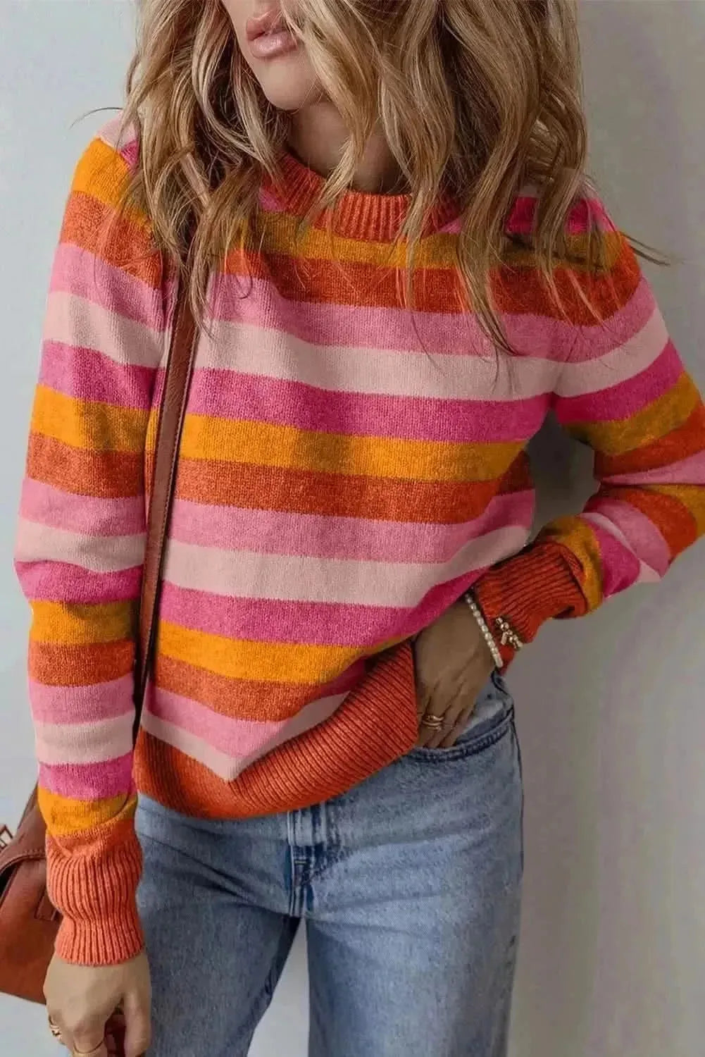 Striped Round Neck Long Sleeve Sweater - Bad Moms Club