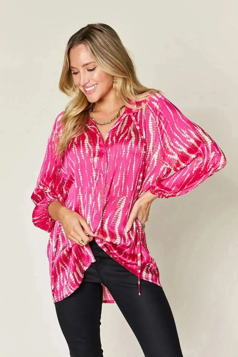 Double Take Full Size Printed Button Up Long Sleeve Shirt - Bad Moms Club