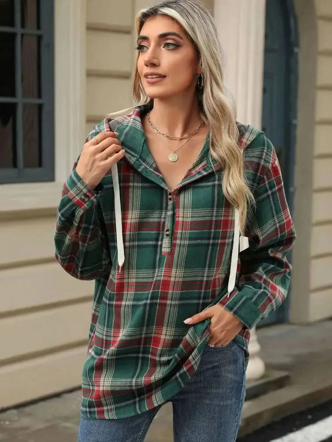 Drawstring Plaid Hooded Long Sleeve Top - Bad Moms Club