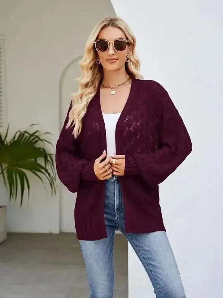 Openwork Open Front Lantern Sleeve Cardigan - Bad Moms Club