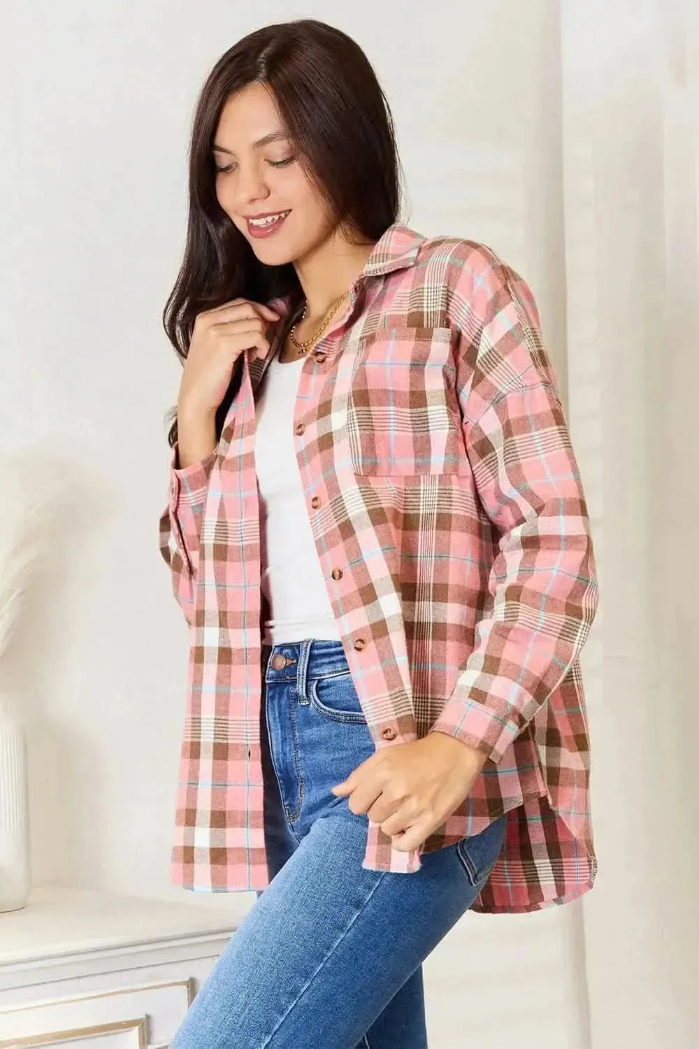 Double Take Plaid Collared Neck Long Sleeve Button-Up Shirt - Bad Moms Club