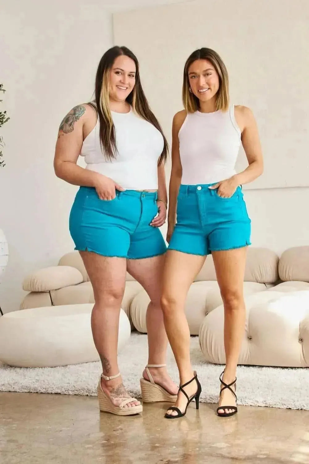 RFM Tummy Control High Waist Raw Hem Denim Shorts - Bad Moms Club