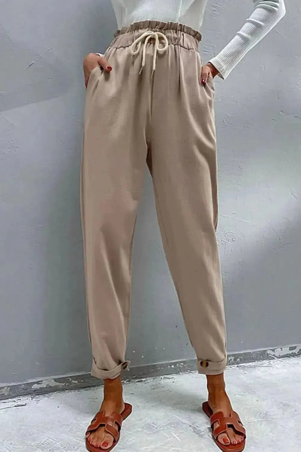 Perfee Drawstring Paperbag Waist Button Detail Pants - Bad Moms Club