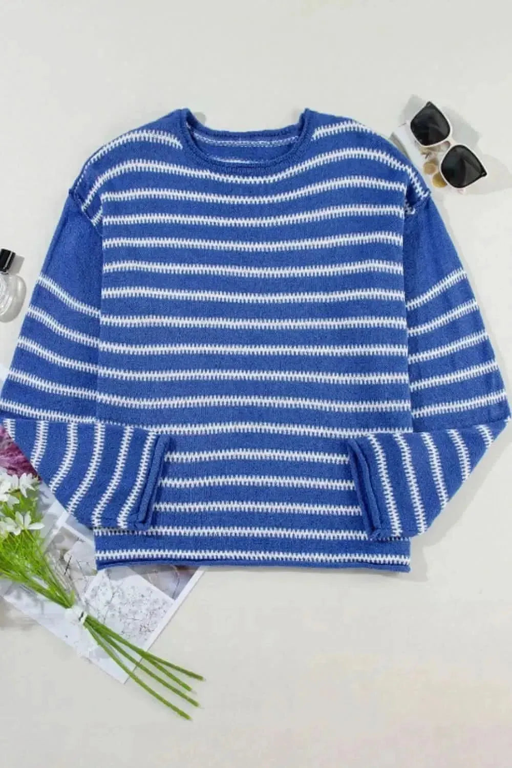 Striped Round Neck Dropped Shoulder Sweater - Bad Moms Club