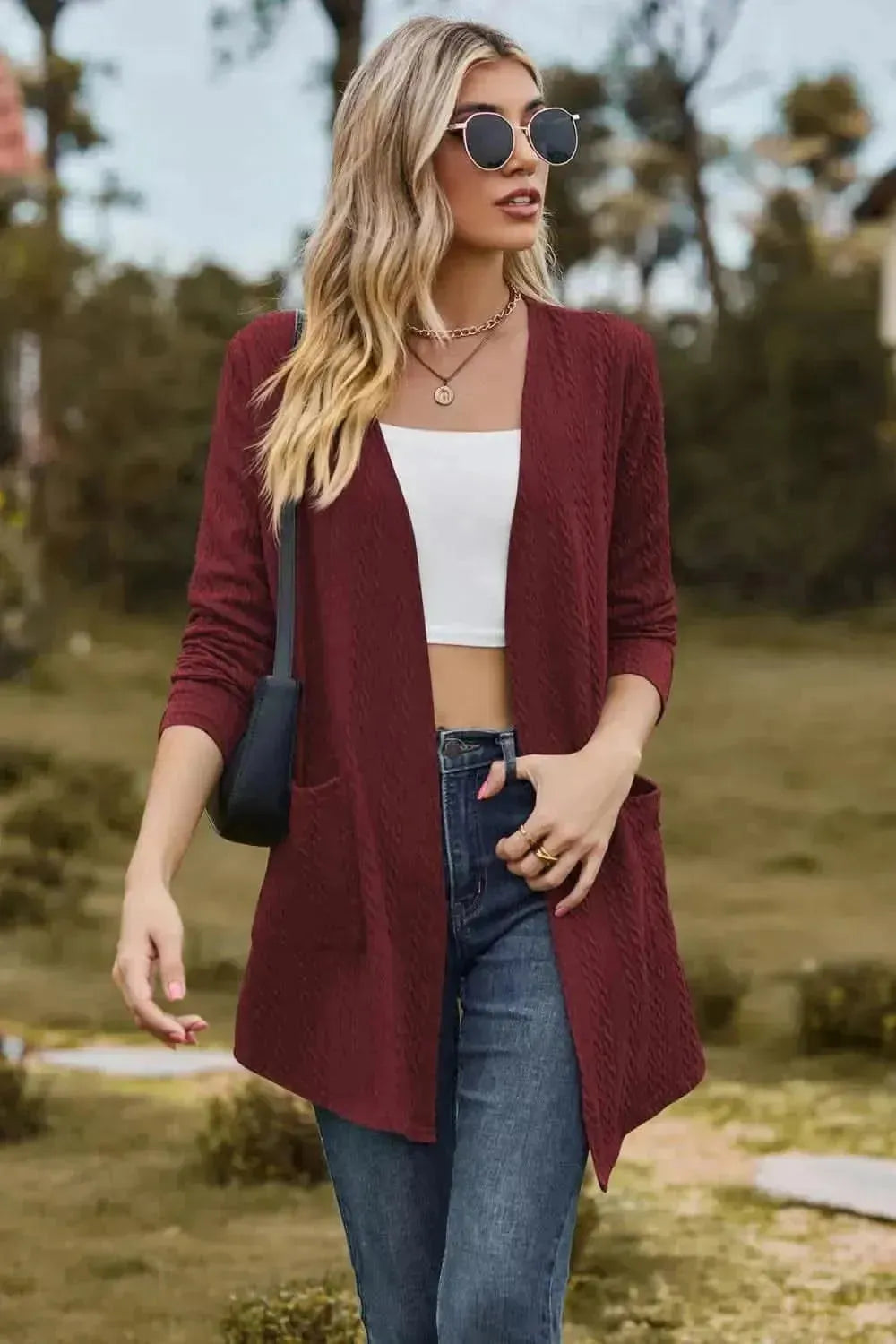 Cable-Knit Long Sleeve Cardigan with Pocket - Bad Moms Club