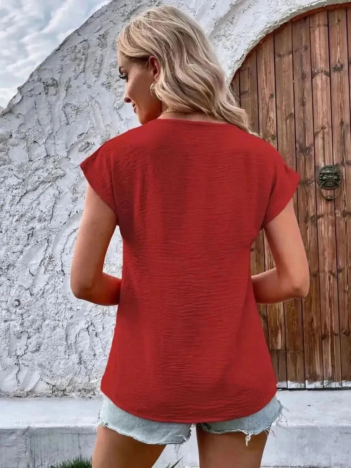 Decorative Button V-Neck Short Sleeve Blouse - Bad Moms Club