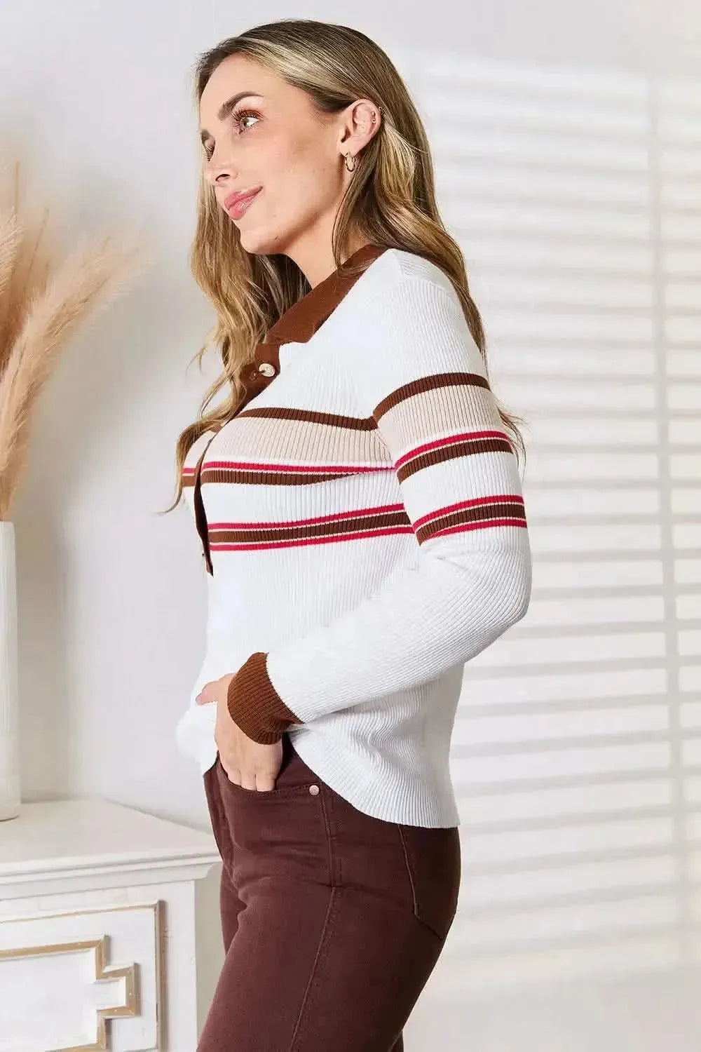 Basic Bae Striped Collared Neck Rib-Knit Top - Bad Moms Club