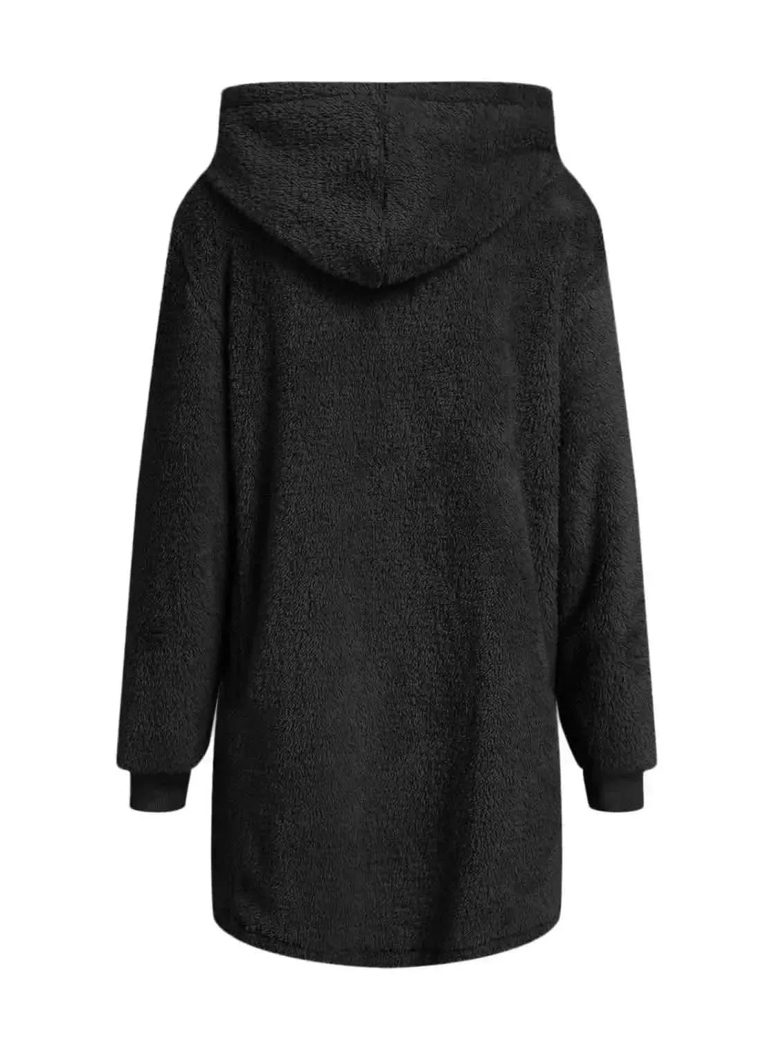Fuzzy Pocketed Zip Up Long Sleeve Hooded Jacket - Bad Moms Club