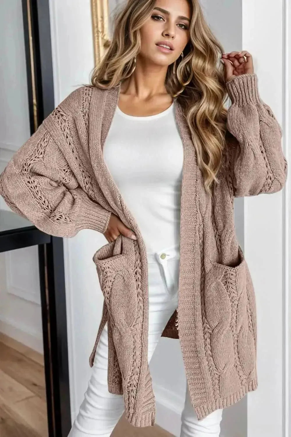 Cable-Knit Dropped Shoulder Slit Cardigan - Bad Moms Club