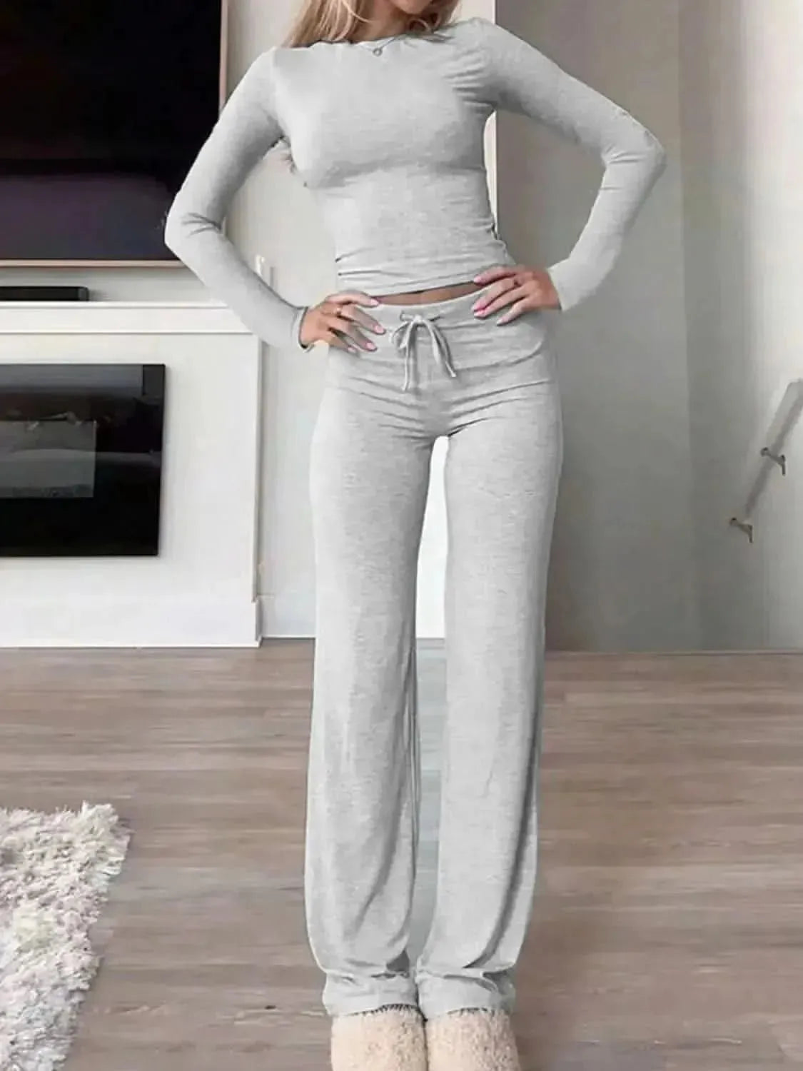 Round Neck Long Sleeve Top and Drawstring Pants Set - Bad Moms Club