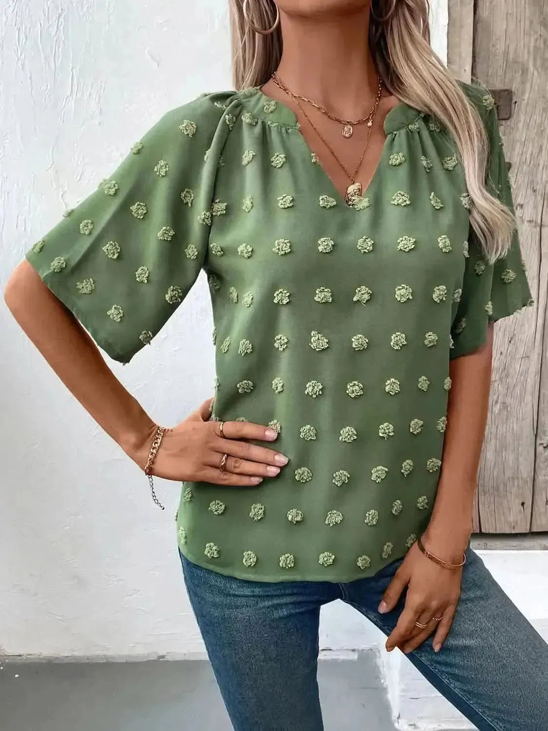 Ivy Lane Swiss Dot Notched Half Sleeve Blouse - Bad Moms Club