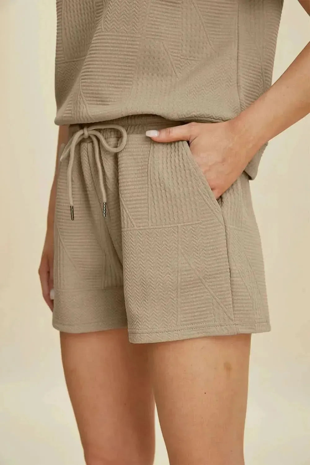 Double Take Full Size Texture Short Sleeve Top and Shorts Set - Bad Moms Club