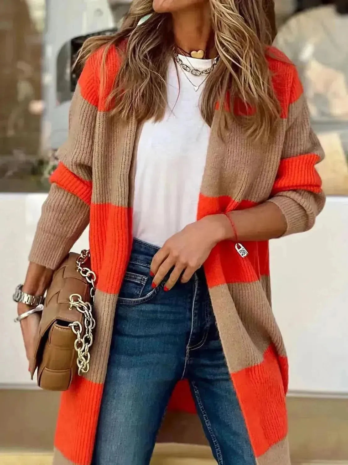 Contrast Open Front Long Sleeve Cardigan - Bad Moms Club