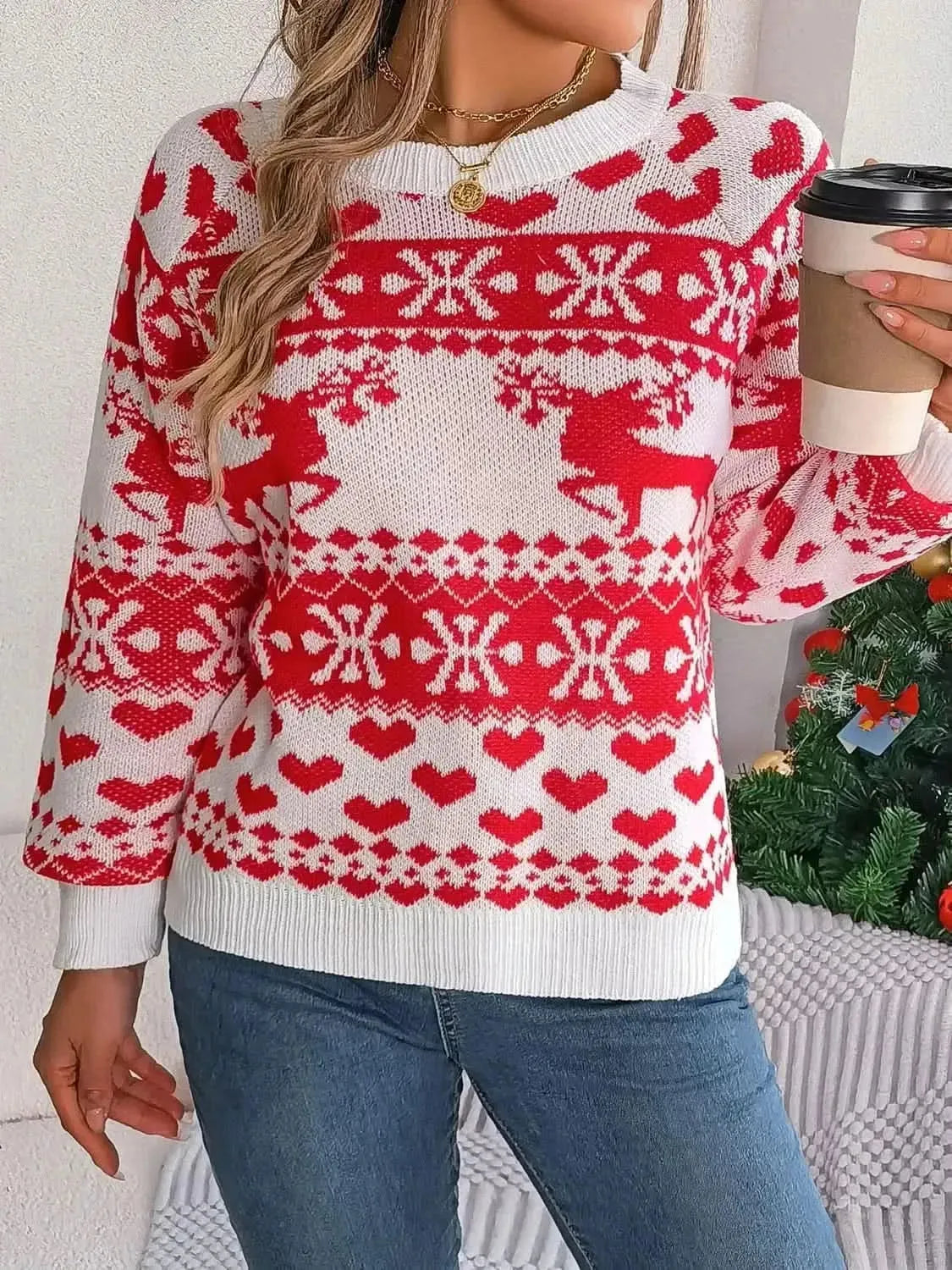 Christmas Element Round Neck Long Sleeve Sweater - Bad Moms Club