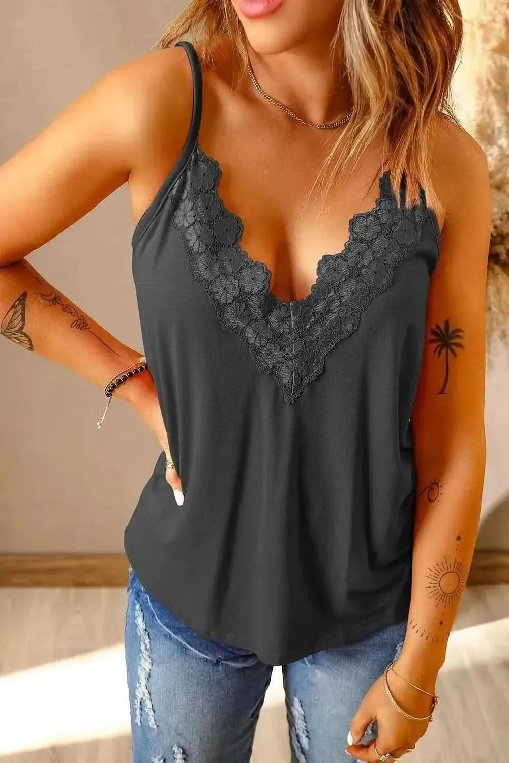 Full Size Lace Trim V-Neck Cami Top - Bad Moms Club