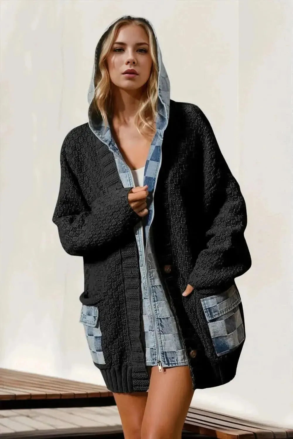 Double Take Full Size Hooded Denim Spliced Sweater Cardigan - Bad Moms Club