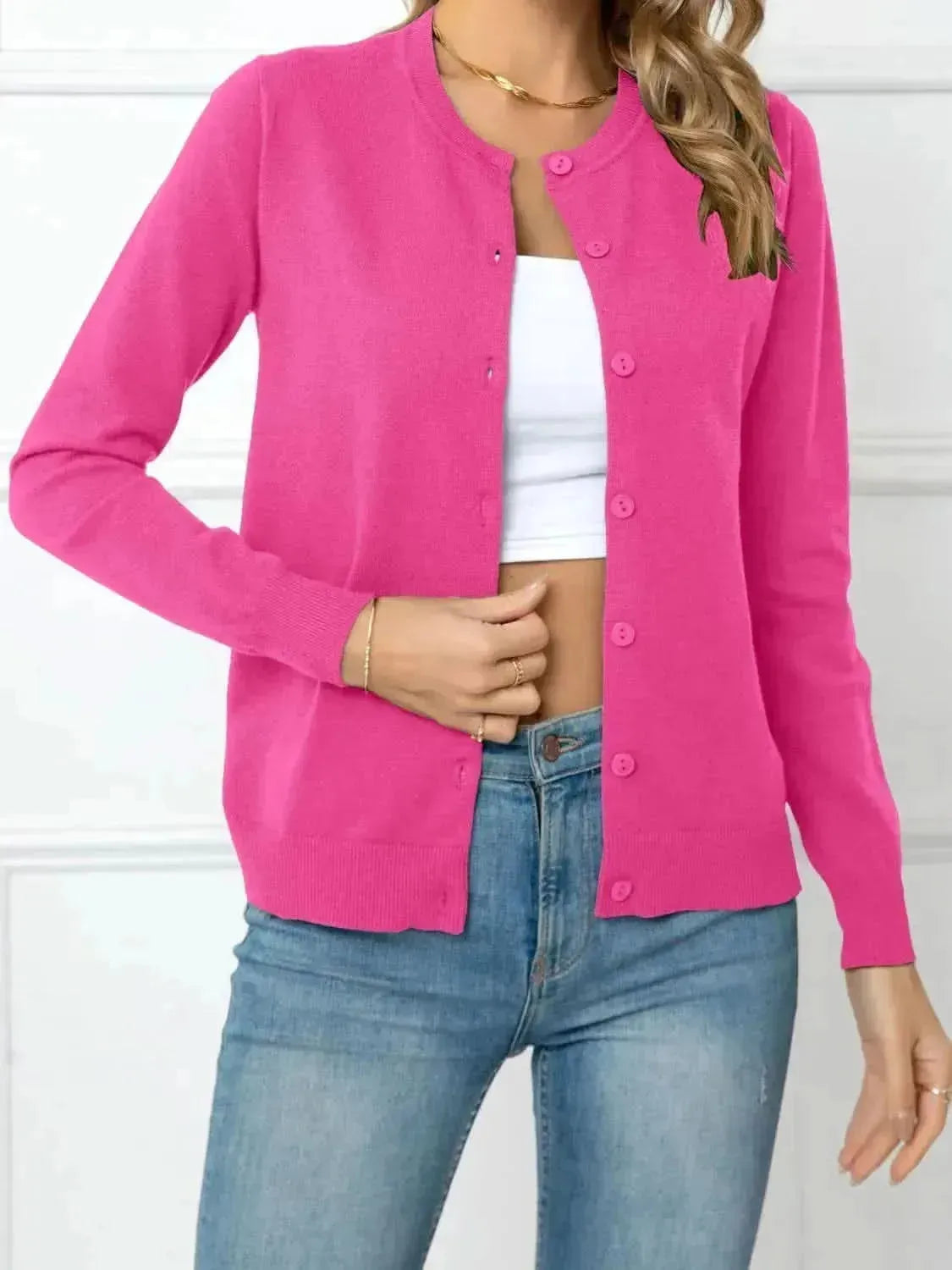 Button Down Round Neck Cardigan - Bad Moms Club