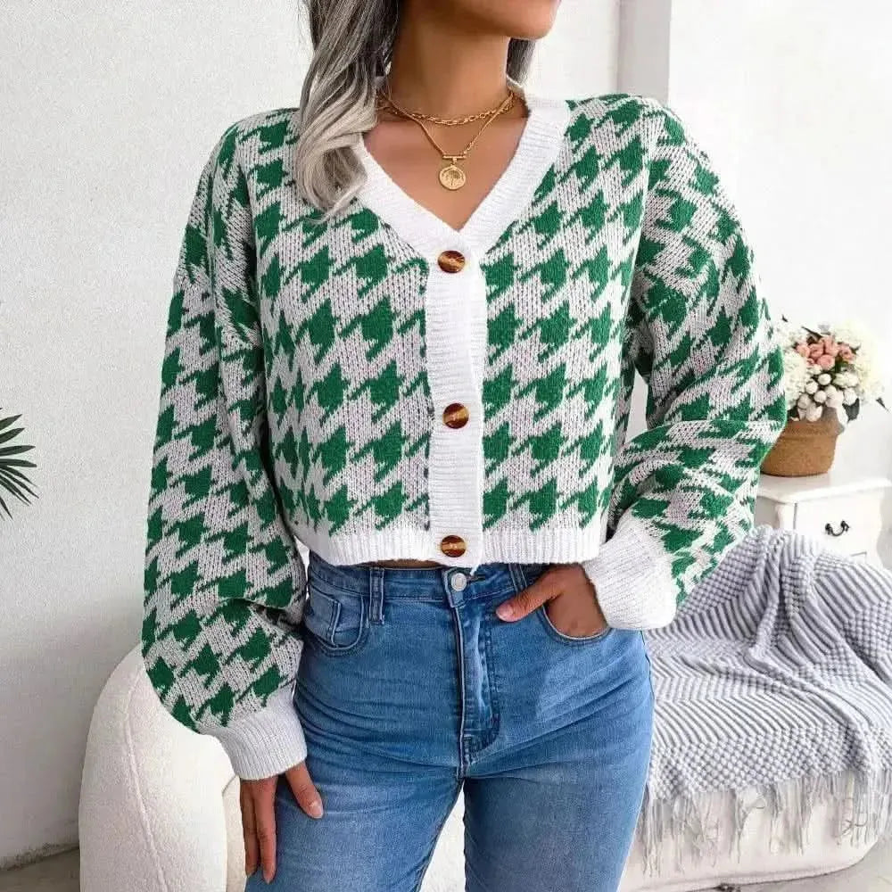 Houndstooth V-Neck Dropped Shoulder Cropped Cardigan - Bad Moms Club
