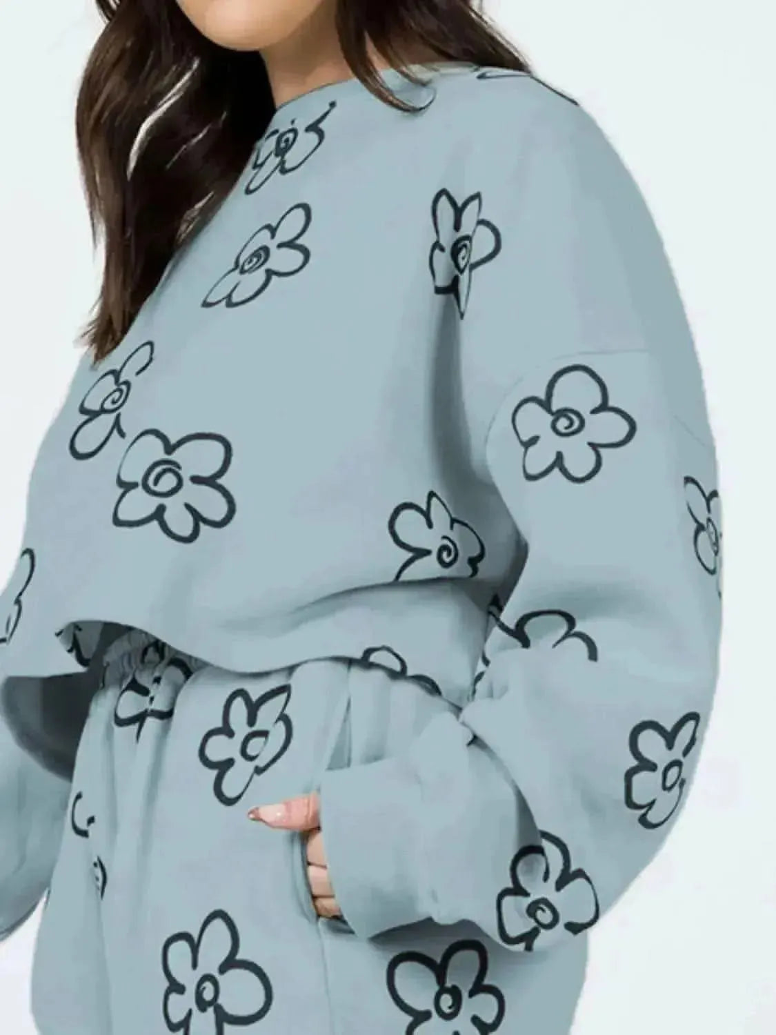 Floral Dropped Shoulder Sweatshirt and Shorts Set - Bad Moms Club