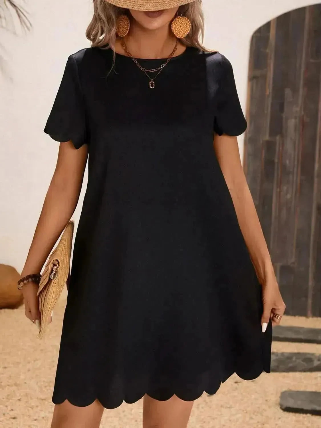 Scalloped Hem Round Neck Short Sleeve Dress - Bad Moms Club