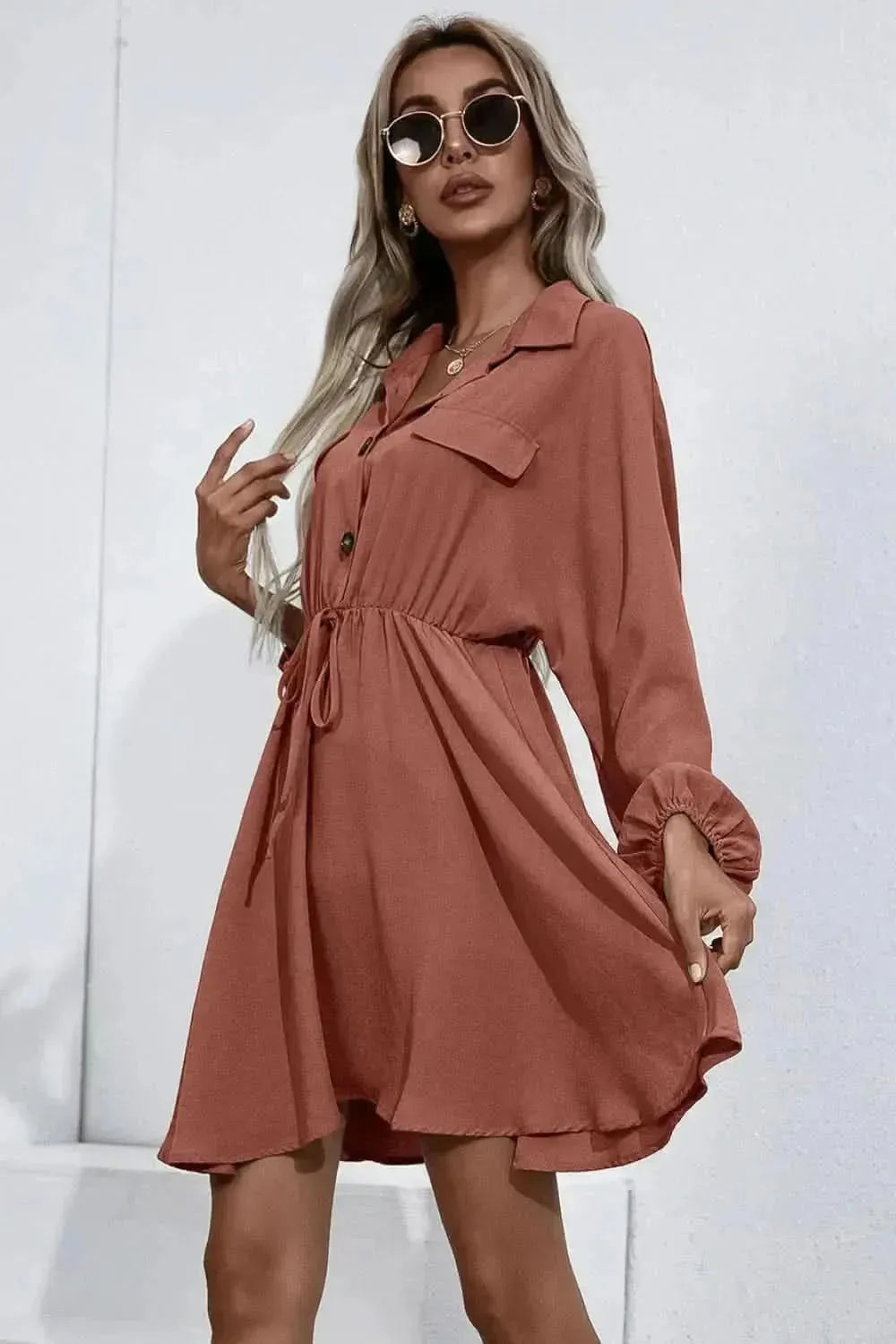 Ivy Lane Collared Tie Waist Button Up Shirt Dress - Bad Moms Club