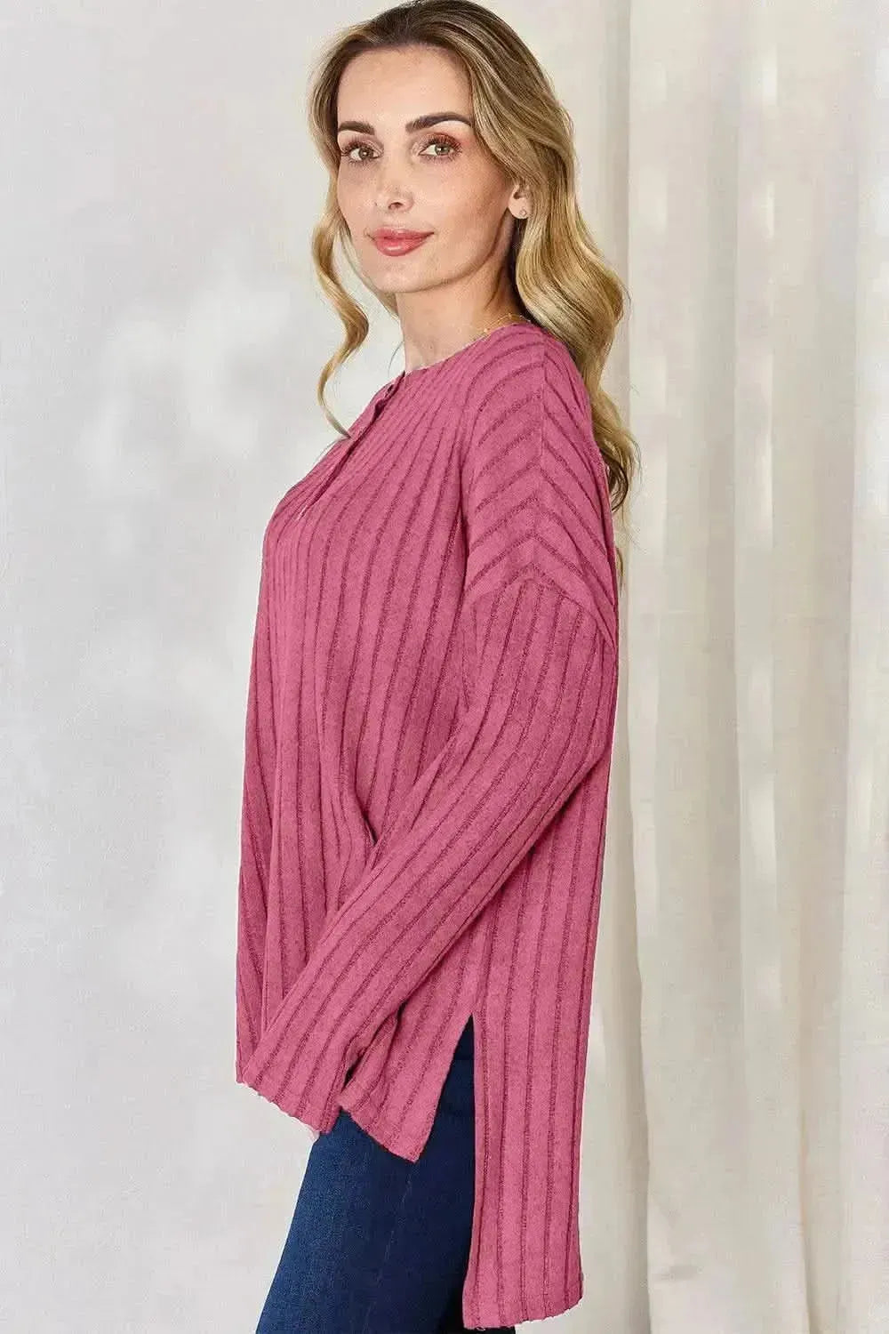 Basic Bae Full Size Ribbed Half Button Long Sleeve High-Low T-Shirt - Bad Moms Club