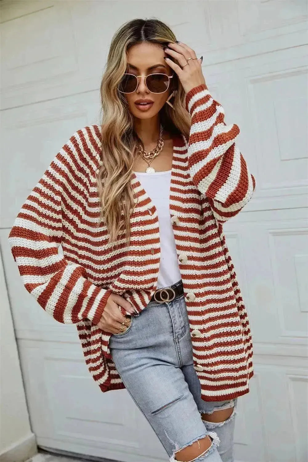 Striped Button Up Long Sleeve Cardigan - Bad Moms Club