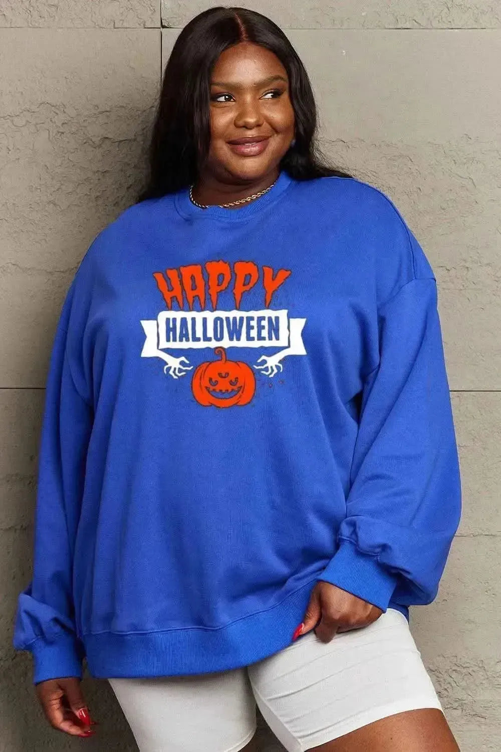 Simply Love Full Size HAPPY HALLOWEEN Graphic Sweatshirt - Bad Moms Club