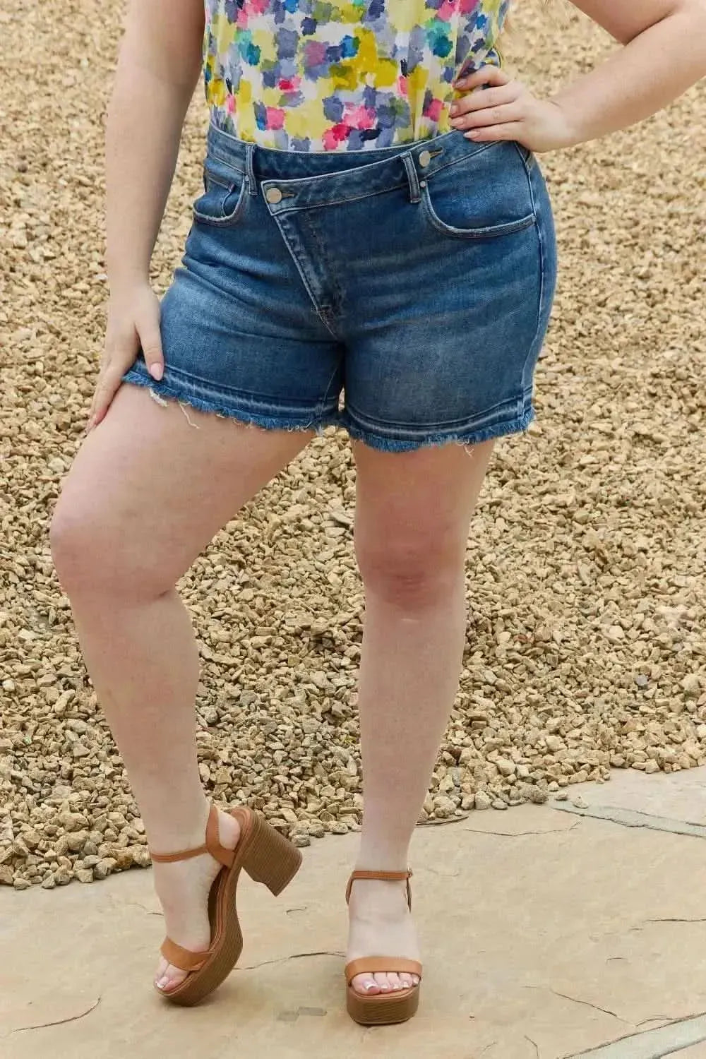 RISEN Maya Full Size Mid Rise Asymmetrical Shorts - Bad Moms Club