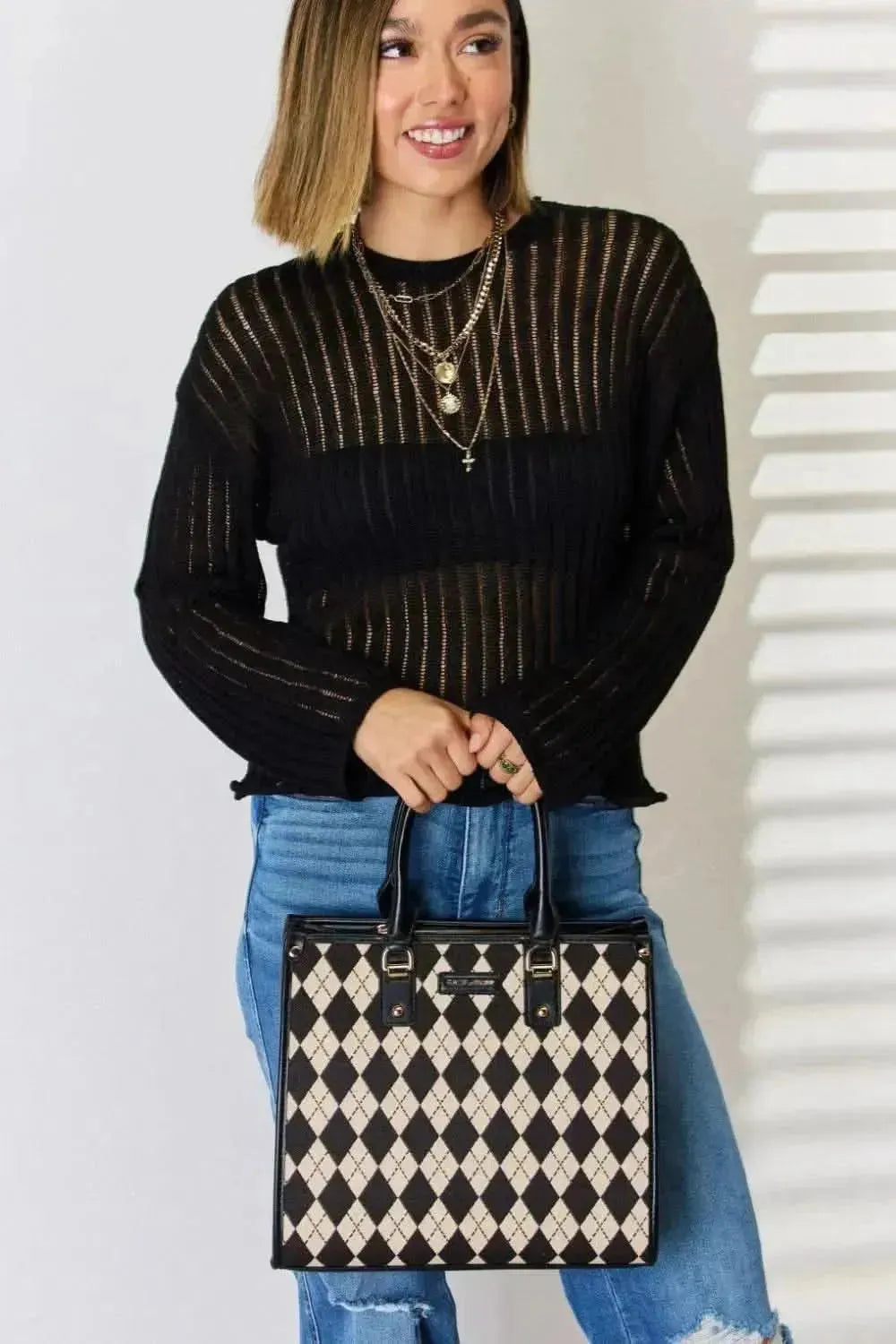 David Jones Argyle Pattern PU Leather Handbag - Bad Moms Club